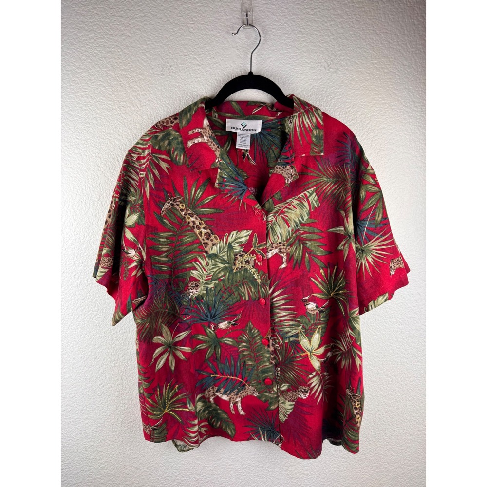 Erin London Mens Tropical Safari Print‎ Shirt Silk Linen Blend Red Large